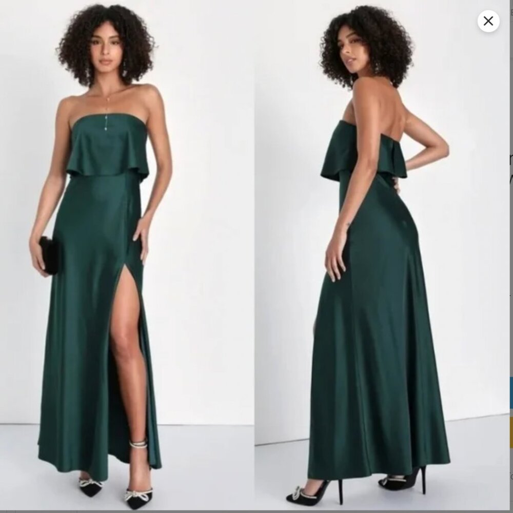 NWOT Lulus Alluring Behavior Emerald Green Satin Strapless Maxi Dress Size L